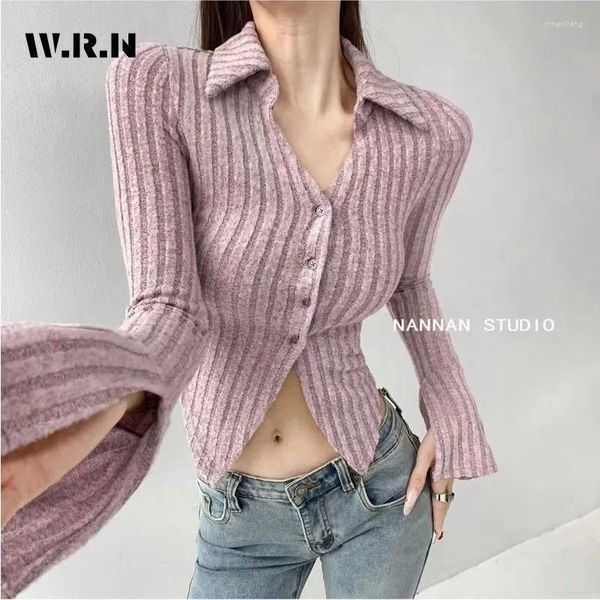 Malhas femininas 2024 Primavera de mola de cor de cor de lança longa Cardigans de manga longa Mulheres Gyaru Casual Casual Turma de Turma Down Down Sweater Sexy