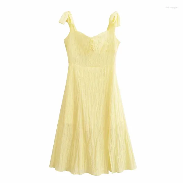 Lässige Kleider sexy elegante Frauen Spaghetti-Gurt gegen Nacken A-Line Midi Yellow Kleider Holiday Summer Robe