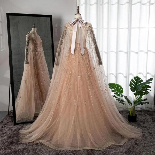 Vestidos de festa Dubai Luxo árabe de luxo Nude uma linha de miçangas com vestidos de mangas de capa para mulheres casamento 2024