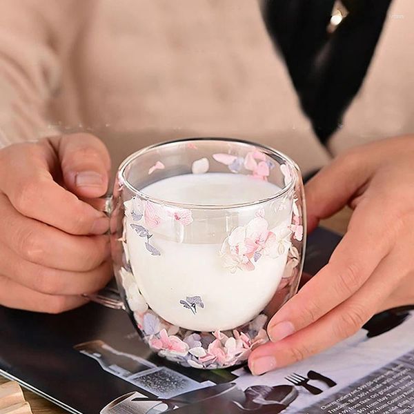 Weingläser kreativer Doppelwandglas Tasse getrocknete Blumenfüller Tassen Tee Kaffee Geschenke hoch Borosilikat mit Griffen