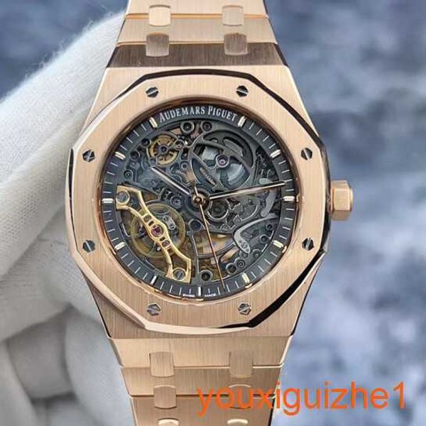 AP Timeless Arms Watch Royal Oak Serie 15407OR MENS Dunkelgrau Zifferblatt 18K Roségold Hollow 41mm Automatische mechanische Uhr mit Garantie