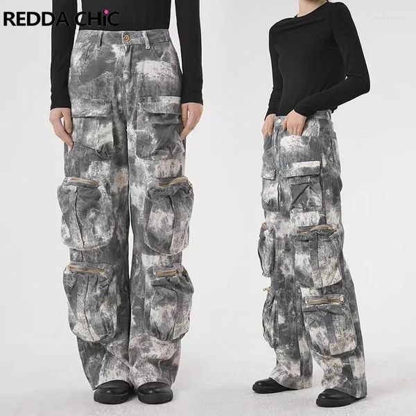 Jeans femminile rossdachic retro grigio camuffage cargo da donna grande tasche hiphop pantaloni oversize