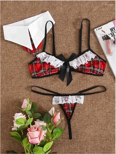 Frauen Nachtwäsche Top Fashion Damen sexy Plaid Uniformen Hängende Nacken Nachtclub-Spiel Roter Stand-up-Kragen Rückenfreier BH und Slip-Set