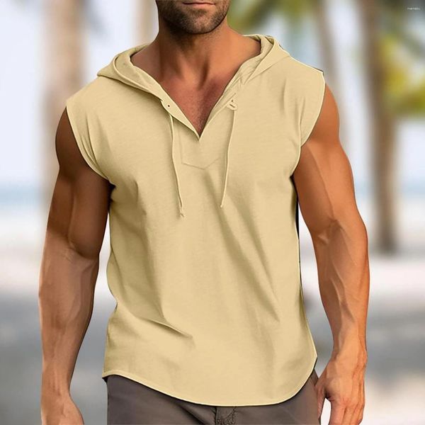 Tampo masculino Tops sem mangas V Narcado de pescoço macho de baixo camisa de fundo primavera verão gravata sólida vesti retrô pullover casual