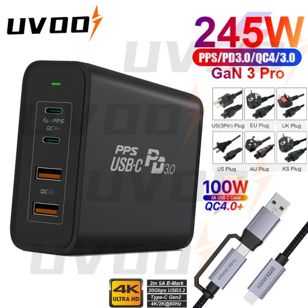 Ladegeräte UVOOI 245W GAN 3 Pro USB C -Stromadapter 4 Port Typ C Schnellladung 3.0 QC4 Ladegerät PD 100W PPS 65W Schnellladung für Laptops