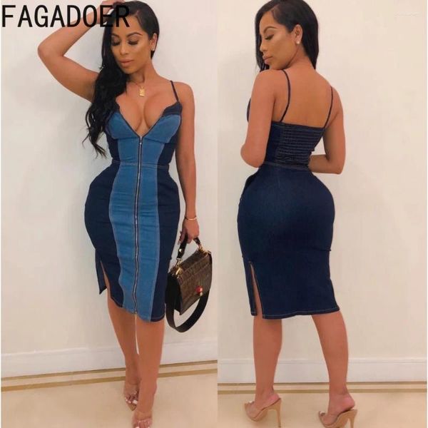 Vestidos casuais fagadoser sexy jeans retchworks zipper bodycon suspensórios vestidos mulheres profundas v mannit slit vestidos moda cowboy streetwear