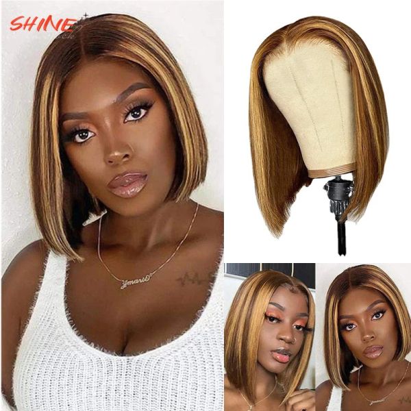 Perücken glänzen Ombre Flachs Gold Synthetische Perücken kurze geraden Bob -Perücken für schwarze Frauen täglich natürliche hitzebeständige Haare Cosplay