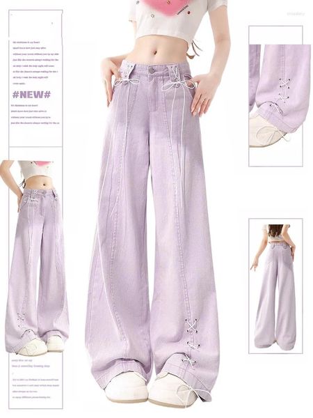 Женские джинсы Purple Backgy Harajuku Негабаритные джинсовые брюки Y2K кружевные джинсы Vintage Японская бурная одежда в стиле 2000-х годов