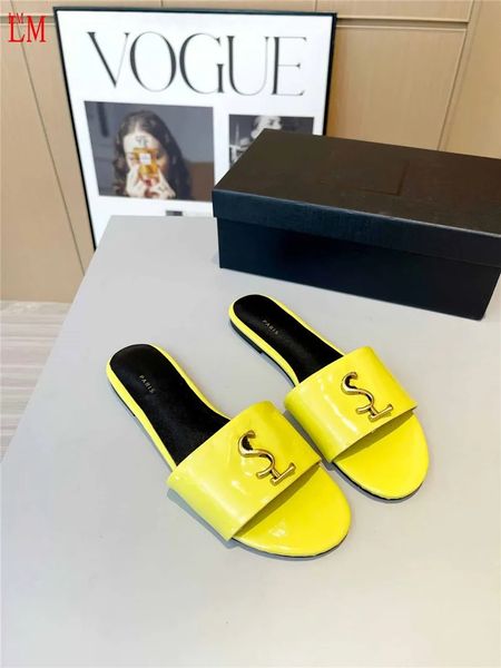 Designer de luxo Yve Jimmy Logo Logo Amarelo Couro Slide Sandália Costura