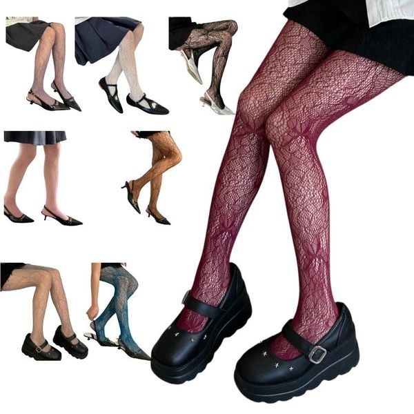 Donne calzini estetici farfalla vintage jacquard fishnet calze calze jk girl sexy svuotato mesh colorato collant leggings