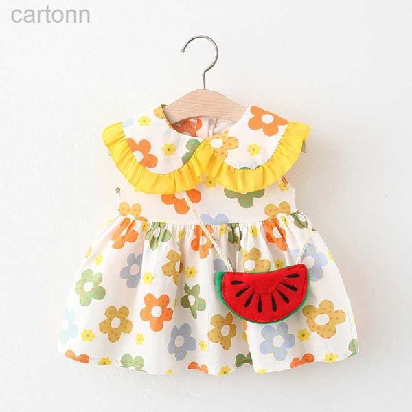 Abiti da ragazza 2 pezzi/setsummer Girls Dress New Flip Collar Full Body Coloteful Flower Sonnevesle Swirt Viene fornito con borsa per anguria come regalo D240425