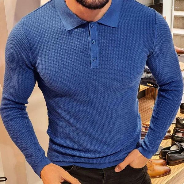 Herren Polos Leichte Luxus Freizeit gestrickt Polo Hemd Retro Solid Color Long Sleeve Button-Down Modes Streetwear Strickwege