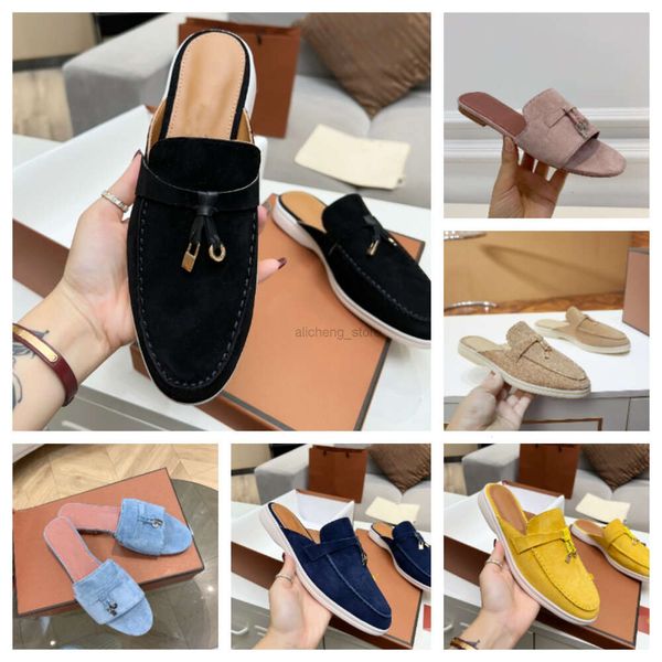 LP Summer Charms Objektträger verschönerte Loro Wildleder Pantoffeln Luxus Sandalen Schuhe Echtes Leder Offener Freiflächen für Frauen Schuh Zapatos Scarpe