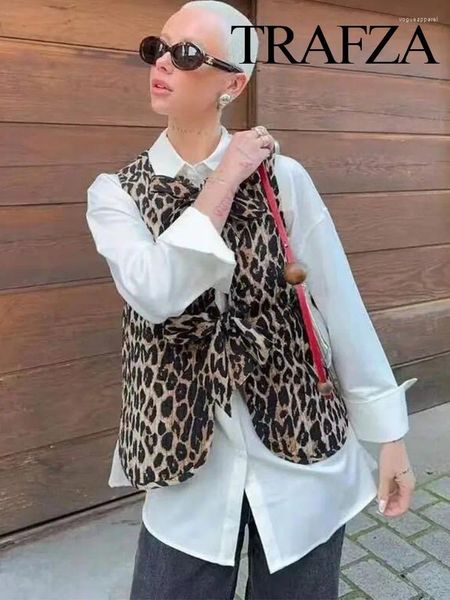 Kadın Tankları Trafza Bahar Moda Leopar Baskı V Boyun Gelir Yelek Retro Seksi Kolsuz Çat Tie Dekorasyonlu Sokak Giyim