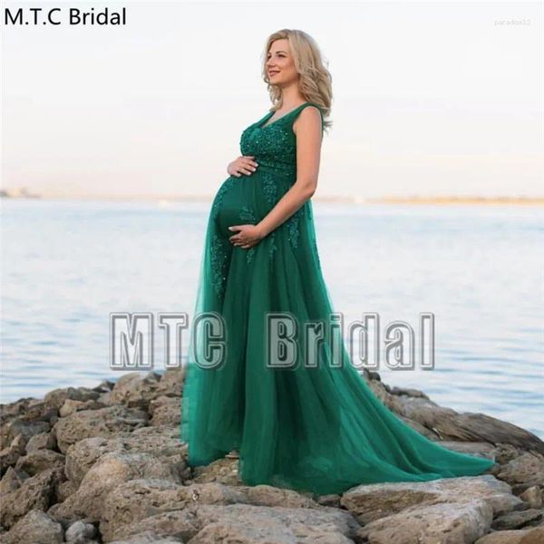 Vestidos de festa vestidos elegantes de noite verde elegante para mulheres grávidas com renda no pescoço para trás Apliques de tule plus size casamento