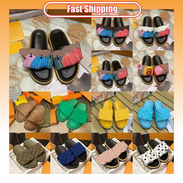 Designer Slipper Slide sandali da donna Cuscini piscina tacchi pannelli di cotone per comfort piatto muli davanti cuscinetto cuscinetto da spiaggia di lusso muli piatti di zucca colorata imbottita