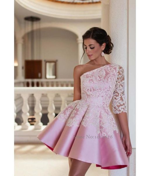 Vestidos de cocktail de cocktail rosa de um ombro de um ombro africano de verão elegantes, vestido de baile de banheiro de baile de baile de renda de baile de renda à noite dres5506088