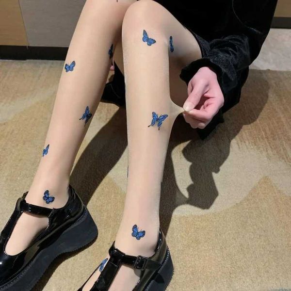 Seksi çorap yeni stil beyaz saf arzu stili jk loli çoraplar peri mavi kelebek baskı siyah ipek ince taban ipek külot kadın