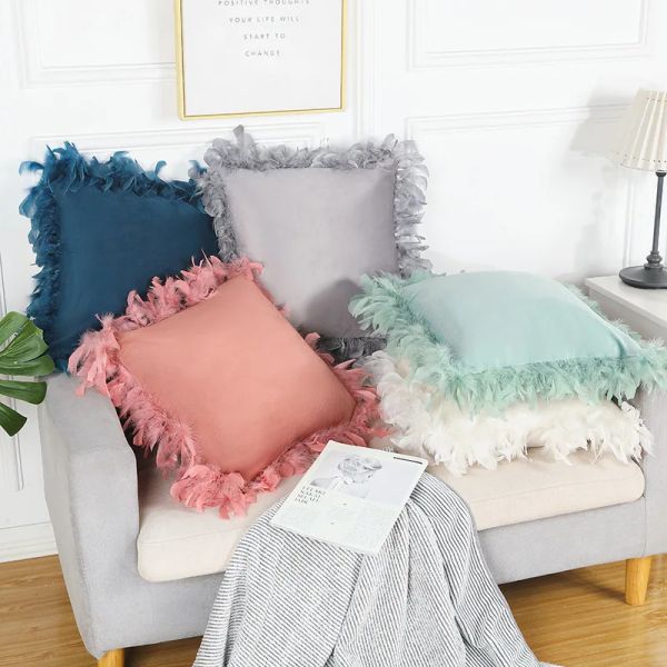 Подушка бежевая серая розовая подушка с пером домашний декор бархатный подушка