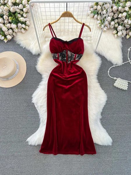 Lässige Kleider Foamlina Chic Pure Desire Red Velvet Long Dress Female Spitzenspleiß hohl Taillengurt für Damen Abendparty