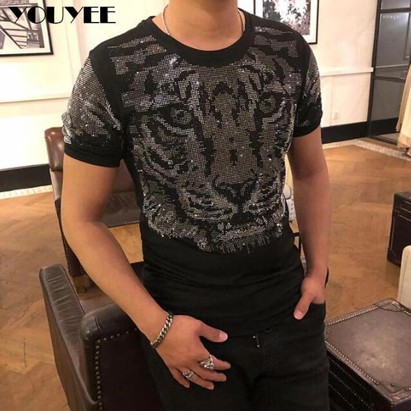 Magliette da uomo maglietta a maniche corta t-shirt estate tigre diamante tono rotonde tea tendenza di grandi dimensioni top maschi neri sciolti