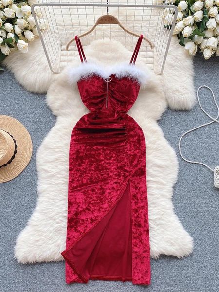 Abiti casual Yuoomuoo Chic Fashion Women Women Christmas Red Velvet Dress Long Waist Patchwork Sexy Split Maxi Party Vestidos