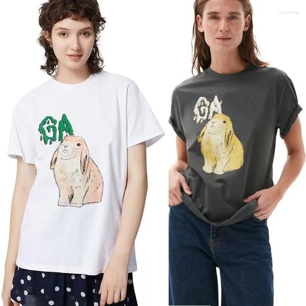 Frauen T-Shirts 2024 Kaninchenbrief gedrucktes Tiermuster Tee grau runden Hals Lose Casual T-Shirt