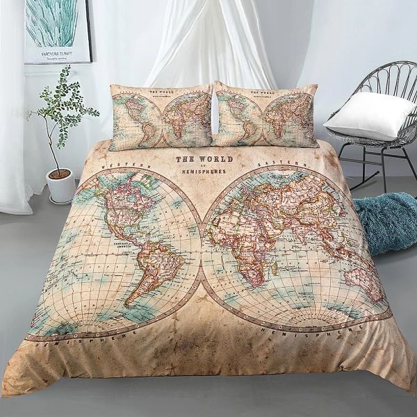 Cuscino mappa del mondo vintage stampato 2/3pcs copripiumino e set di biancheria da letto per letti per letti per copertina del piumino set di copertura del piumone