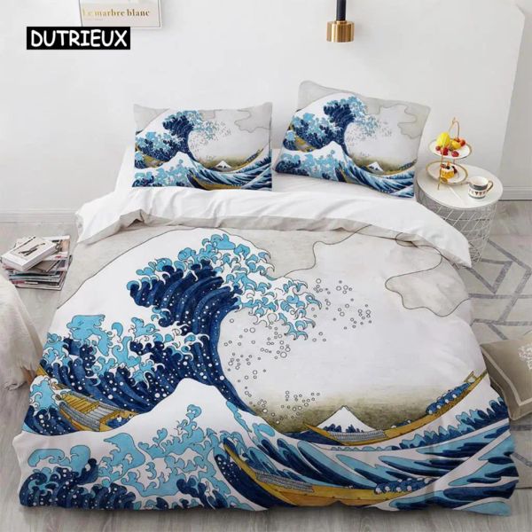 Conjunto de capa de edredão de onda Conjunto Hokusai Padrão japonês ukiyoe tampa de colcha de esboço oriental estilo oceano rainha dupla coletor de cama de poliéster