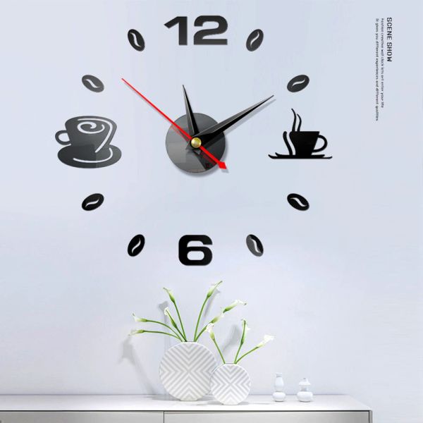 Relógios Modernos Relógio de parede 3D Adesivo autônomo Adesivo de parede silencioso Quartz Clocks Relógios Copos de café Decoração de acrílico