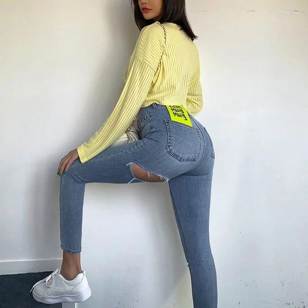 Jeans femininos Mulheres após o buraco calça de jeans de cintura alta 2024 Lady Sexy Summer Bodycon calça casual destruída Longa calças longas