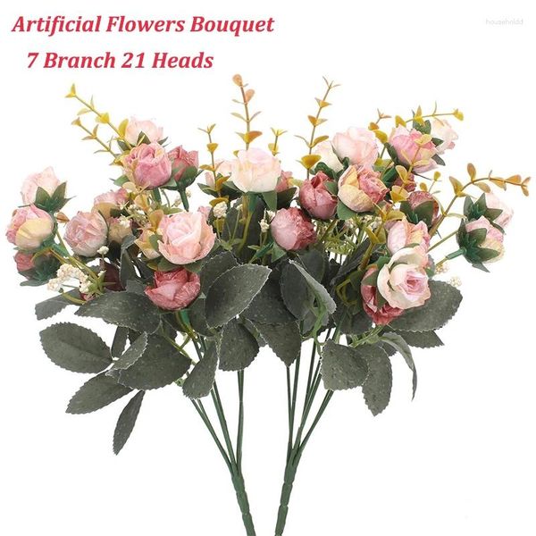 Flores decorativas buquê de flores falsas artificiais com 7 ramo 21 Heads Roses para decoração de escritório da sala de estar de casamento Plástico