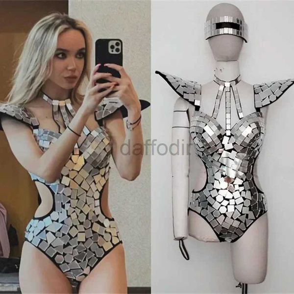 Artigo de traje de bodysuit de desgaste do pica -teto Costume de dança lantejoulas de prata de ouro Fly ombro Hollow Out Rave Rave Fitle Stage Performance Roush