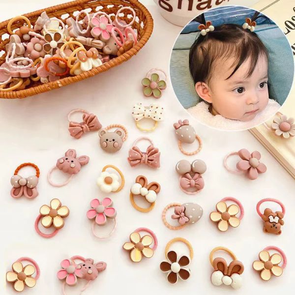 Accessoires 20pcs/Los niedliche Cartoon Bären Kaninchen Hair Band Mädchen elastische Gummi -Band Kopfbedeckung Blume Bogen Baby Kinder Haarzubehör Ornamente