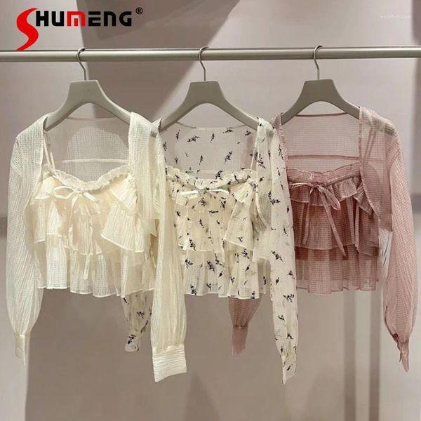Blouses feminina estilo japonês Blusa elegante 2024 Spring Sweet Chiffon Ruffled Micro Transparent Sling Top para mulheres camisa fofa duas peças