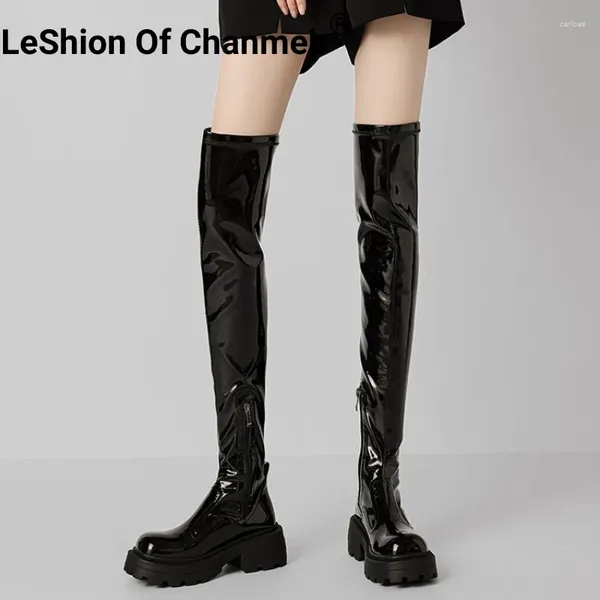 Stivali Leshion di Chanmeb Donne vere la cerniera in pelle con cerniera Zipper Stretch Over-the-Knee GOTH Faux Suede Platform Lady Scarpe