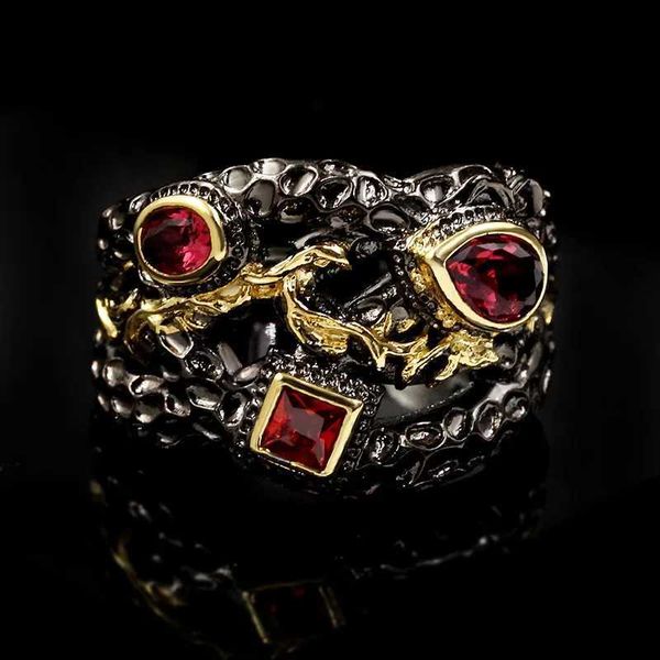 Bandringe Retro Mode zweifarbige elektroplierte rote Zirkonring kreativ geometrisch schwarzes Gold 925 Silberschmuck H240425