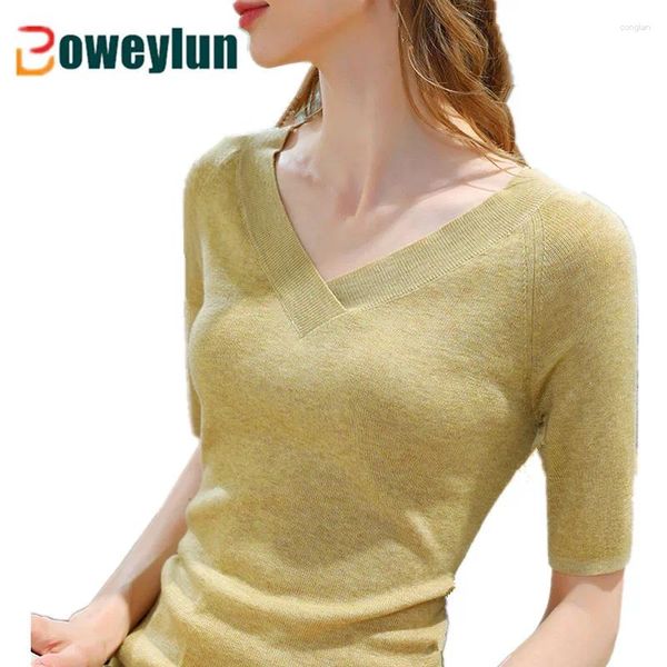 Camisetas femininas Boweylun decote em V Sold Solid Knit Sweater Spring e Autumn Freendle Friendly Friendly Sleeved Top Top Top