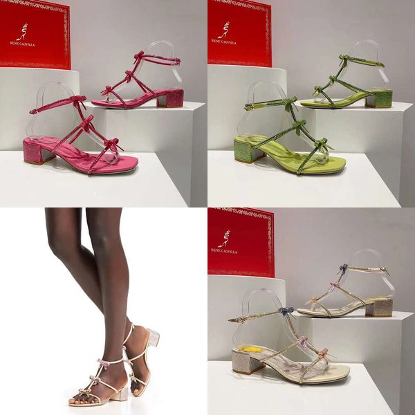 Bowtie-Strass-Sandalen Block Absatz Knöchel T-gebundene Leder-Außensohle für Frauen Party Abendkleiderschuhe Designer Fabrik Fabrikschuhschuhe mit der originalen Qualität der Schachtel