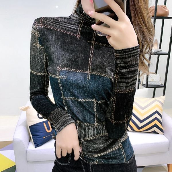 T-shirt 2023 Bahar Sonbahar Highneck Uzun Velvet Dipli Gömlek Sokak Giyim Yavaş Tövbe Ekose Kadın Tshirts Bodycon Ladies Tops