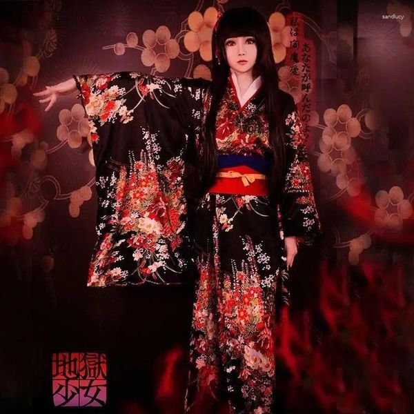 Ethnische Kleidung Kimono Jigoku Shoujo Enma ai Maid Kleid Yukata Uniform Outfit Japanische Anime Cosplay Kostüme mit Obi