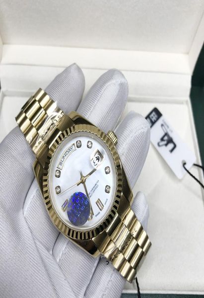 18K Gold Luxury Watch Dial branco Daydate automático 36mm Menwomen Mechanical Glide Smooth Second Hand Relógios 9341431
