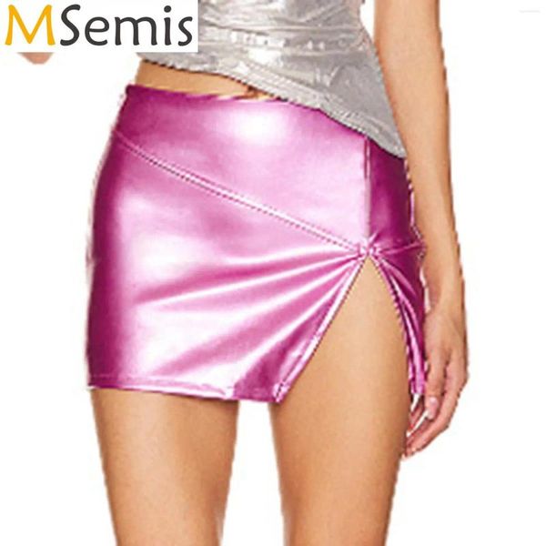 Saias de saia lateral feminina saia alta cintura pu PU couro minissaia festival de música Rave Rave Clower Concert Nightclub dance Costumes