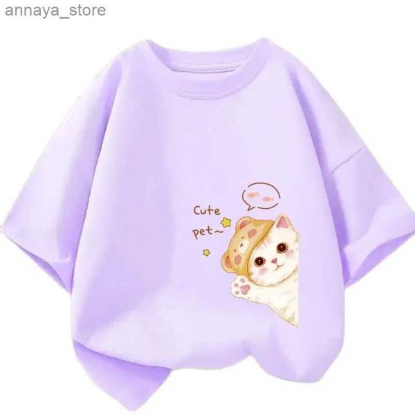 T-shirts Kids Lovely Cat Animal Tirm Cirming Fashion Girls Casual Casual Top de manga curta Tshirts Crianças Cartoon Graphic Teel2404