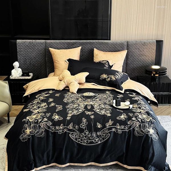 Bettwäsche -Sets Schmetterlingsblumen Stickerei Luxus schwarzes Set 1000TC Egyptian Baumwoll Bettbedeckungsbettblatt oder sitzende Kissenbezüge