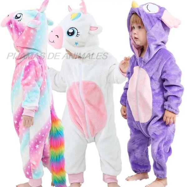 Tek parçalar Kigurumi Bebek Unicorn Owl Kostüm Beyaz Pembe Mor Kış Yük atanlar Erkek Bebek Tulum Uzun Kollu Kapüşonlu Kız Tulum