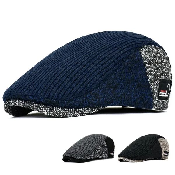 Caps Men Zeitenjunge Hüte Dicker Herbst Winter Vintage Fischgramm Oktagon Cap Casual Strick Berhen Gatsby Flat Hut Farbe Matching Cap