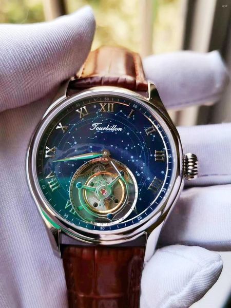 Kol saatleri Tourbillon izle mekanik safir ayna oyuk retro kişiselleştirilmiş erkekler wistwatch lüks benzersiz iş erkek saat