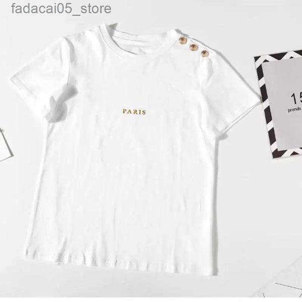Erkek Tişörtler Kısa Kollu Paris Kadın Tshirt Boyut Tişört Kız Bronzing Düğme Baskı Mektubu Kadın Yaz Moda Giyim Siyah Beyaz Q240425