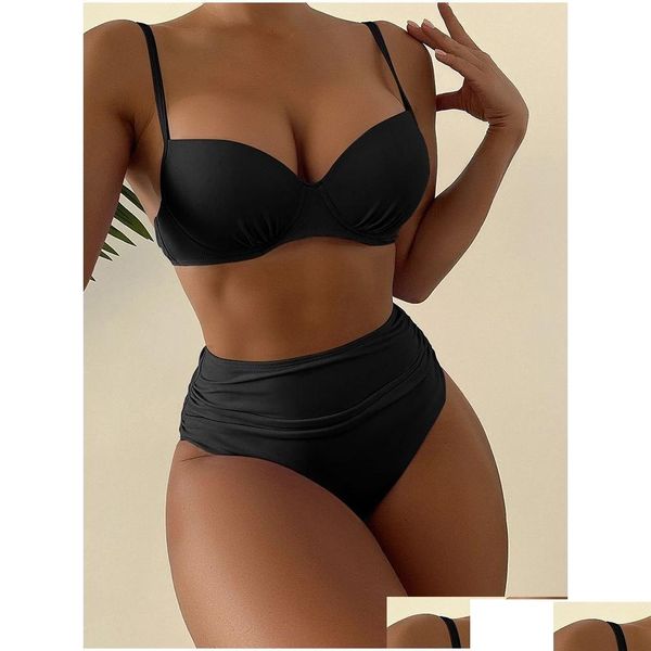 Abiti a due pezzi sexy push up bikini costumi da bagno in bikini da donna ad alta vita set di colori solidi set da spiaggia da bagno bibico femmina 220629 dhvkt